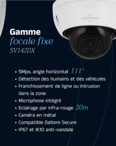 Caméra de surveillance extérieure Dahua SV142DX avec intelligence artificielle, protection contre les cybermenaces, détection intelligente des mouvements, et ajustement automatique des paramètres selon l'environnement.