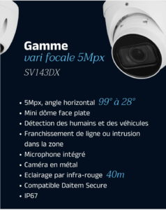 Caméra de surveillance extérieure Dahua SV143DX avec intelligence artificielle, protection contre les cybermenaces, détection intelligente des mouvements, et ajustement automatique des paramètres selon l'environnement.