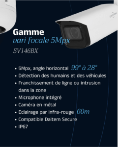 Image d'une caméra réseau bullet AI avec objectif varifocal, modèle SV146BX. La caméra est en métal avec des dimensions de 244,1 mm de long et un diamètre de 90,4 mm. Elle est équipée de fonctionnalités de détection intelligente et de protection IP67, offrant une performance optimale dans divers environnements de surveillance.