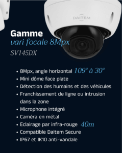 Caméra dôme varifocale 8 Mpx avec vision nocturne IR jusqu'à 40 m, support Micro SD et alimentation POE