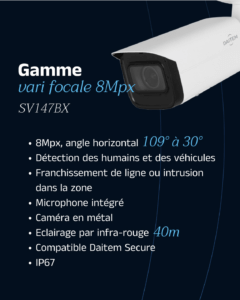 Image de la caméra tube varifocale SV147BX, équipée d'un capteur 8 Mpx, vision nocturne jusqu'à 60 mètres, support Micro SD, fonction POE et boîtier en métal.