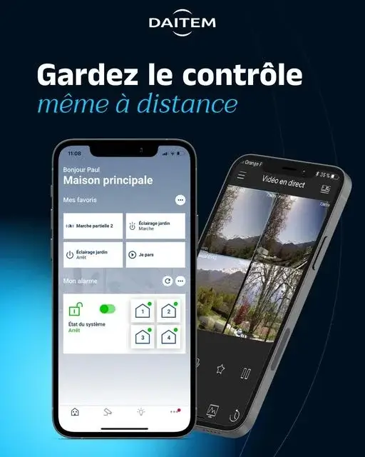 Contrôlez votre sécurité à distance avec l'application Daitem. Activez votre alarme, recevez des alertes en temps réel et surveillez vos caméras directement depuis votre smartphone. alarme connectée sans fil