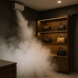 alarme portail brouillard : générateur dit fumigène activé dans une boutique