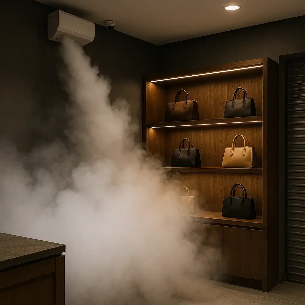 énérateur de brouillard activé dans une boutique, la pièce est à moitié enfumée.